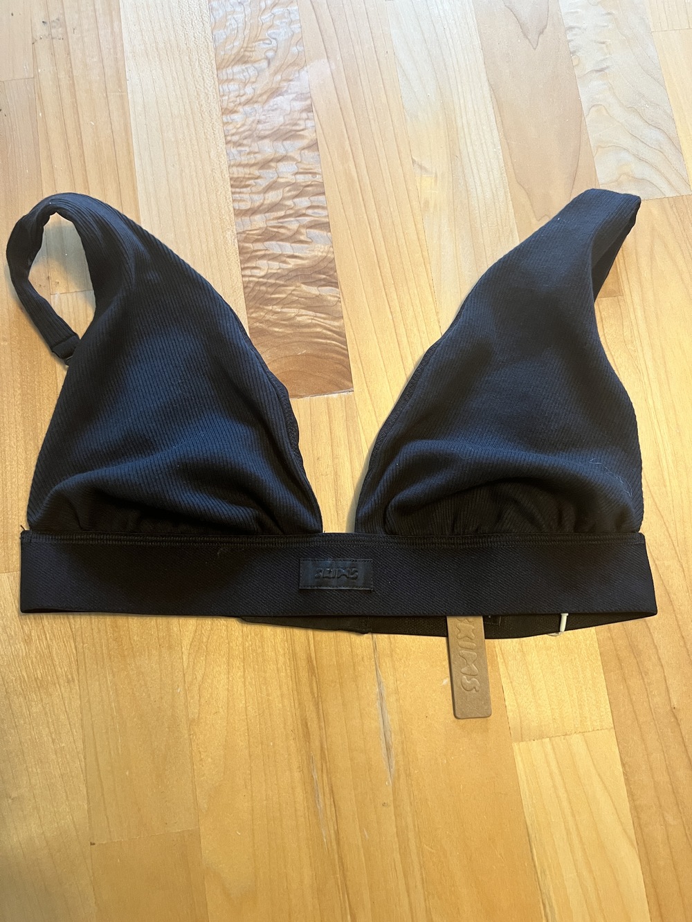 Skims Cotton Rib Triangle Bralette Women's Black Size L Plunge Wireless Bra